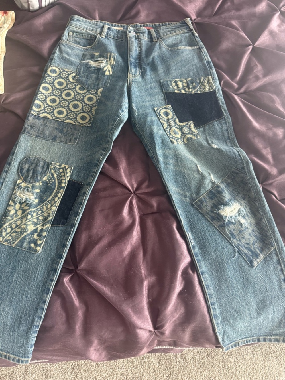 Anthropologie Indigo Patchwork Straight-Leg Jeans